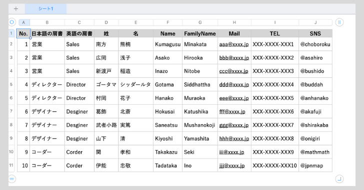 表計算ソフトに入力した例